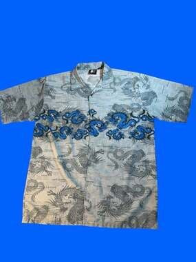 Vintage Street Culture Blue Dragon All Over Print Button Down Shirt XL